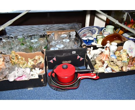 SEVEN BOXES AND LOOSE CERAMICS AND GLASS ETC.  To include Coalport figure 'Yvonne', Beswick Persian cat No 1898, Royal Doulto