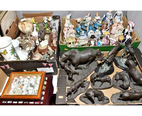 THREE BOXES AND LOOSE ORNAMNETS ETC, to include heredities animal sculptures, bronzed dolphin sculptures, German style porcel