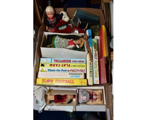 A BOX OF VINTAGE TOYS, to include Fuzzy-Felt (Hospital, Play-Farm, Winnie-the-Pooh and Fairy Tales), two metal kaleidoscopes,