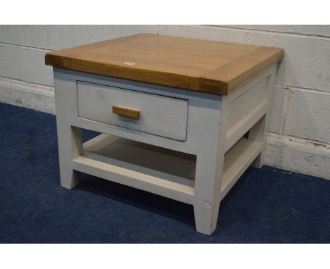 A MODERN GOLDEN OAK AND WHITE PAINTED LAMP TABLE, with a single drawer, 70cm squared, height 55cm