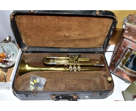 A BESSON &amp; CO BRASS TRUMPET, marked 'New Creation LP', with mouthpiece, length approximately 50cm, in a distressed fitted