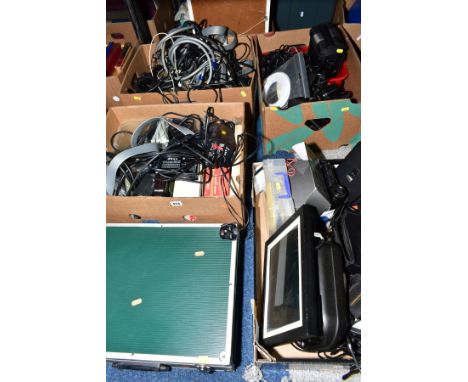 THREE TRAYS CONTAINING POWER SUPPLIES CABLES ETC,  including a tray containing Audio and gaming electrical equipment includin