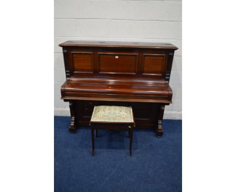 A SCOTCHER AND SONS MAHOGANY UPRIGHT PIANO, serial 13526, width 142cm x depth 58cm x height 125cm and a piano stool (2)