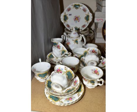 A ROYAL ALBERT BERKELEY PATTERN DINNER SERVICE, comprising six cups, six saucers, seven tea plates, seven dessert plates, six