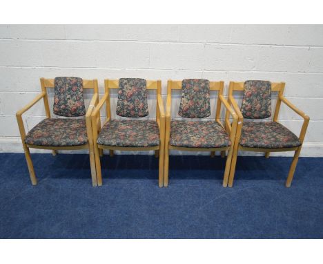 A SET OF FOUR ERCOL MODEL 775A BEECH FRAMED ARMCHAIRS, with floral upholstery (worn finish)