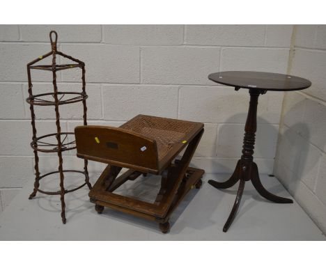 A GEORGIAN CIRCULAR OAK TILT TOP TRIPOD TABLE, diameter 43cm x height 66cm together with an Edwardian gout stool with a berge