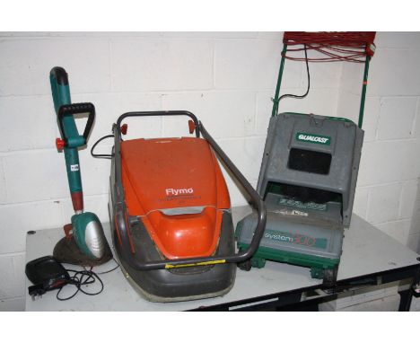A FLYMO TURBO COMPACT 350 HOVER LAWN MOWER (safety button stuck in) together with a cordless Bosch Art 26li grass trimmer (ch