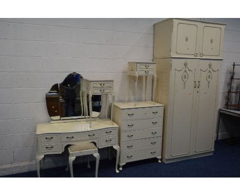 A CREAM  AND GILT BEDROOM SUITE, comprising a double door wardrobe with a separate double door top compartment, width 110cm x