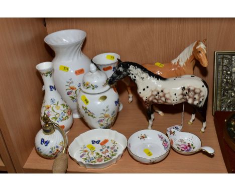 FIVE PIECES OF AYNSLEY COTTAGE GARDEN GIFTWARE AND TWO BESWICK/ROYAL DOULTON HORSES ETC, the horses a Beswick 'Spirit of the 