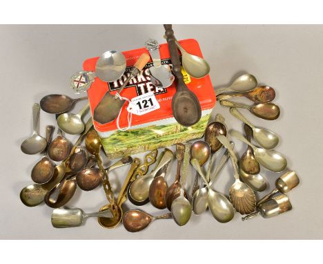 A QUANTITY OF EPNS CADDY SPOONS, etc, including a damaged Georgian silver shovel shaped scoop, makers T Simpson &amp; Son, Bi