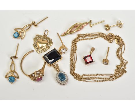 A SELECTION OF JEWELLERY, to include a 9ct gold fine curb link chain, with spring clasp, a 9ct import mark for London length 