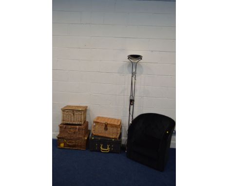 FIVE VARIOUS WICKER PICNIC BASKETS (some sd) together with a black buttoned upholstered tub chair (sd) and a modern uplighter