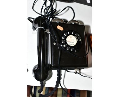 A WEIDMANN BLACK BAKELITE WALL MOUNTED TELEPHONE, model No.4259, twin bells to top, original braided cord, converted for mode