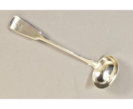 AN EARLY 19TH CENTURY SCOTTISH PROVINCIAL SILVER FIDDLE PATTERN SAUCE LADLE, engraved initial, marked W J, ABD, WJ', probably