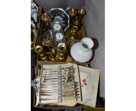 ASSORTED METALWARES ETC, to include 4 silver coffee spoons, 11 silver handled knives with a spare silver handle, a variety of