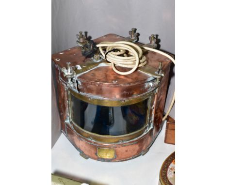 A 1940'S BRASS AND COPPER STARBOARD SHIPS LAMP, plaque to front marked 'Starboard AP8025 S &amp; A 1941', converted to electr
