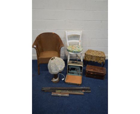 A LLOYD LOOM WICKER BEDROOM ARMCHAIR, together with a painted bar back chair, a cased Darling sewing machine, oak table lamp,