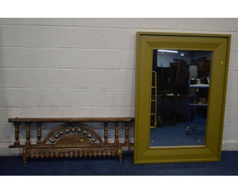 A LARGE MODERN GREEN FRAMED WALL MIRROR, 106cm x 150cm together with an Anglo Indian wall shelf, width 143cm x height 56cm