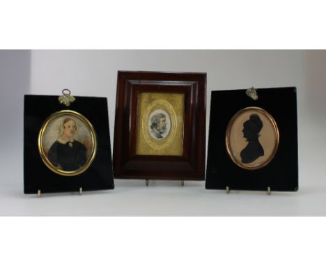 19th Century Miniature Portrait painting of Lady wearing pendant, Silhouette Lady both in black ebony frames 12.5cm x 15cm an