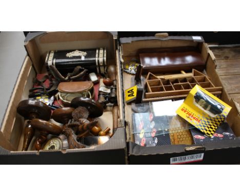 A collection of interesting collectors items including oak candlesticks, AA car badges, corkscrew, opera glasses, book, barom