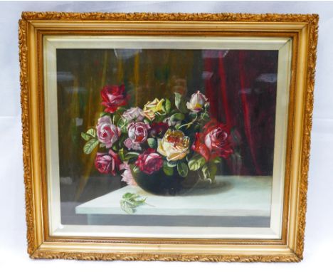 Charles Howson Bennett (b.1862), study of Pink, Yellow and Red Roses in gilt frame overall frame size 76 x 66cm