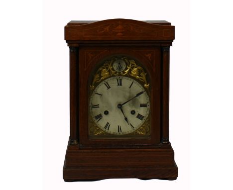Edwardian inlaid oak mantle clock, height 41cm