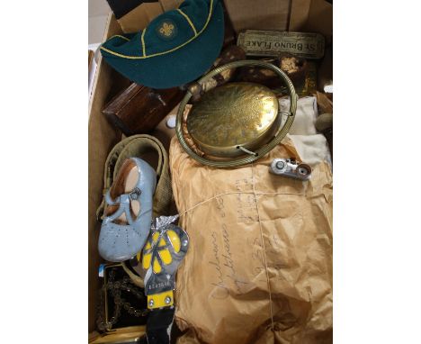 A collection of interesting items to include pair of old leather child's shoes , Children's embroidered night dresses, Scouts