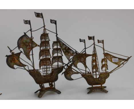 Early 20th Century model of a Portuguese Gilded Silver Caravel Ship  with Enamel Flags, hall marked 833 silver and another sm