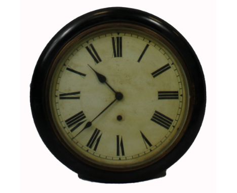 Victorian round school clock in black ebonized case, diameter 36cm
