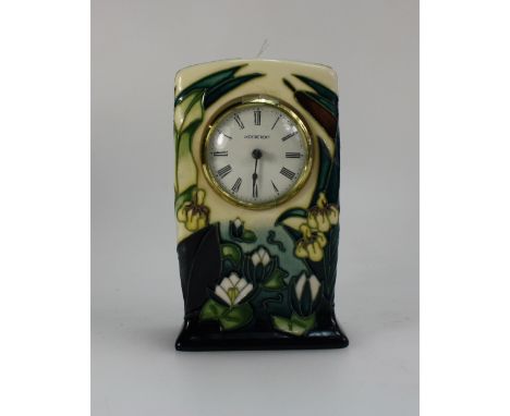 Moorcroft mantle clock decorated with Lamia bulrushes, height 15.5cm