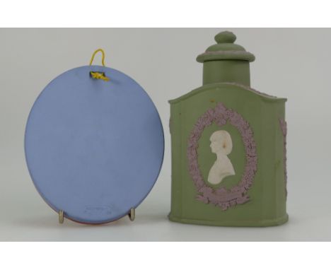 Wedgwood tri-colour tea caddie & cover Princess Diana and tri-colour oval portrait plaque of Josiah Wedgwood, tallest 17cm  (