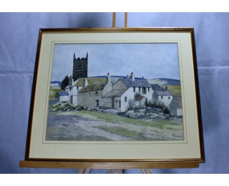 Harold Bennett, watercolour painting of local church and farm scene in frame, overall 47 x 56cm,  Harold Bennett was a waterc