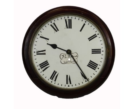Victorian mahogany round station clock painted dial with F.L. Roberts Wolstanton, diameter 38cm