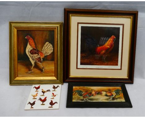 A collection of Cock fighting pictures to include oil paintings of fighting cock and pair fighting cockerels by K Slater 2001