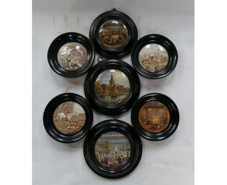 A collection of Prattware framed ceramic lids depicting horse racing scenes, hunting scenes, commemorative scenes and a scene