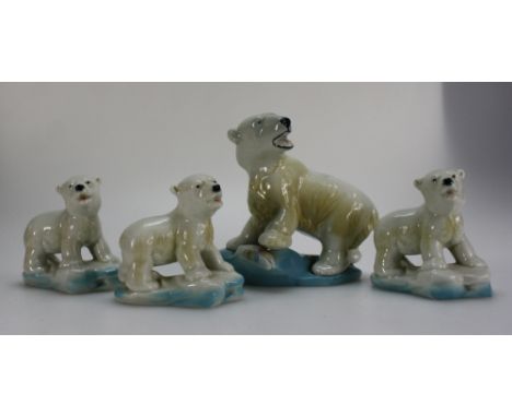 Wade 1950's blow up model of a Polar bear with fish on glacier and 3 models of polar bear cubs on glaciers  (4)