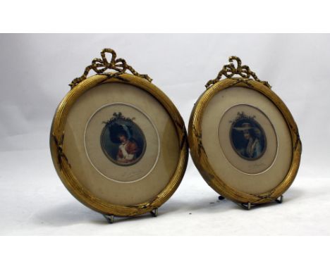 19th Century pair miniature portrait paintings of Lady Hamilton and Countess Spencer, both signed R Ruiz in ornate round gilt