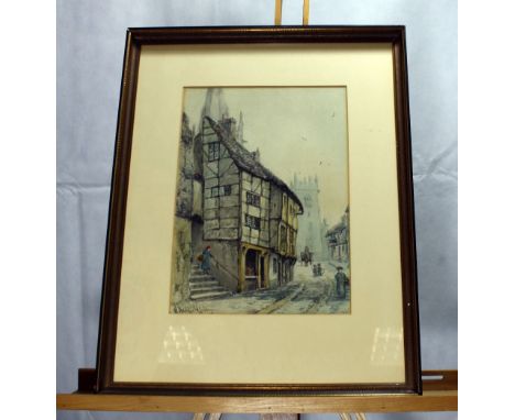 H Hadfield Cubley Watercolour painting of Bear Steps, Fish Street, Shrewsbury in gilt frame, overall size 43 x 55cm