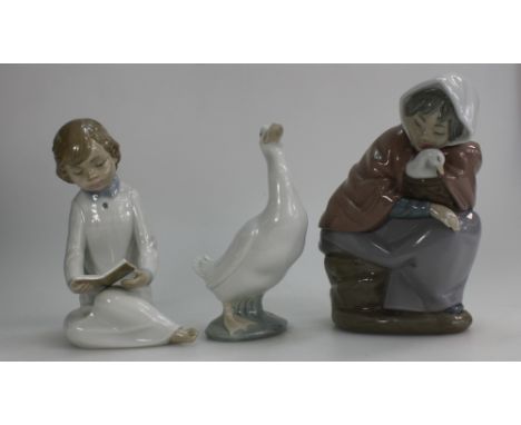 Nao figures of seated girl with duck, boy reading and model of a goose  (3)