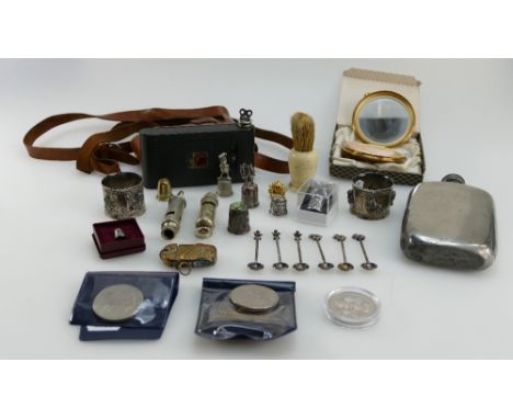 An interesting collection of items to include Kodak camera in leather case, policeman's whistles, Silver miniature spoons, co