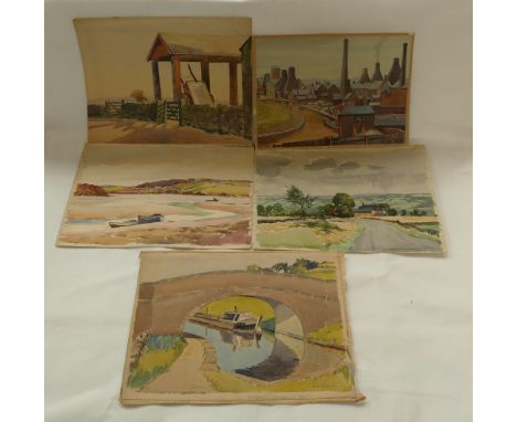 Harold Bennett, a collection of watercolour paintings on paper including Endon canal, Beach scenes, Farm scenes and pot bank 