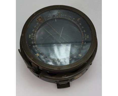 Lancaster type P4A brass compass, marked AFT and serial no 399637 and  brass plaque marked AM with crown, diameter 19cm