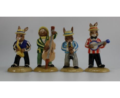 Royal Doulton Bunnykins figures Saxophone Player DB186, Double Bass Player DB185, Banjo Player DB182 and Clarinet Player DB18