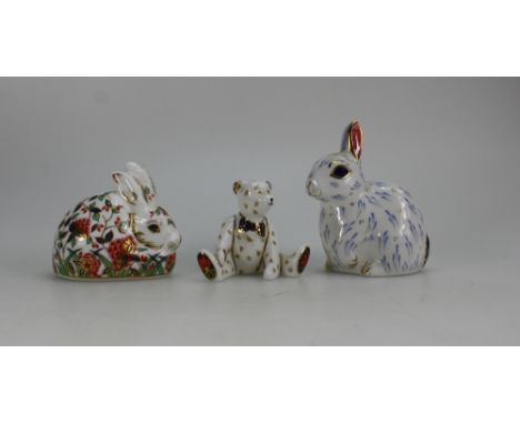 Royal Crown Derby Paperweights Snowy Rabbit, Meadow Rabbit and seated teddy bear, all with gold stoppers  (3)