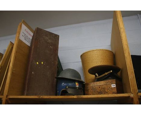 Shelf of assorted including two sledges, helmets etc.