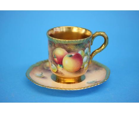 A Royal Worcester coffee cup and saucer decorated with peaches and grapes, indistinct signature, possibly Frank Roberts