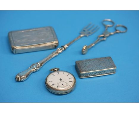 A silver snuff box, silver pocket watch, silver pickle fork etc.