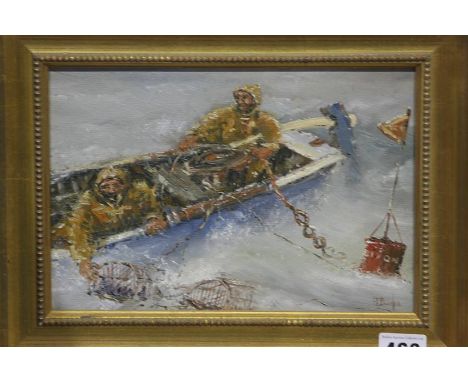 Frank Burke, oil on board, Seascape with fishermen taking in lobster pots
