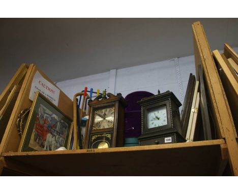 Shelf of assorted including mantle clocks etc.