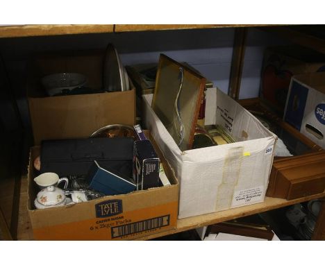 Four boxes assorted and a wall clock